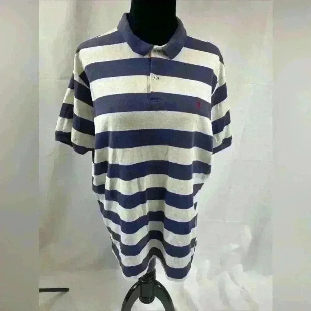 Vintage Polo Ralph Lauren Shirt Men's XL White And Blue Striped Red Pony